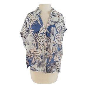 H HALSTON Linen Floral Shirt Top Size L Button-Up Short Sleeve Blue White